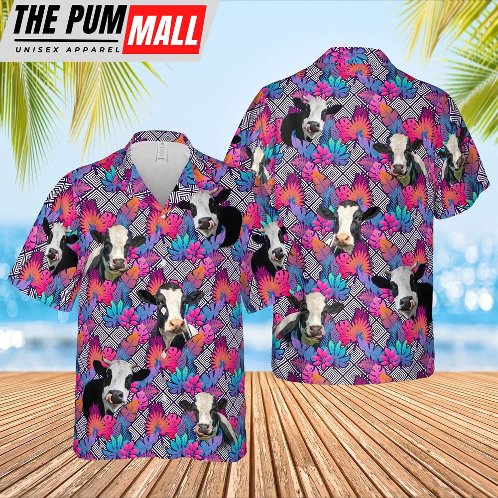 Farm Hawaiian Shirt, Holstein Face Leaf Pattern 3D Hawaiian Shirt, Animal Hawaiian Shirt