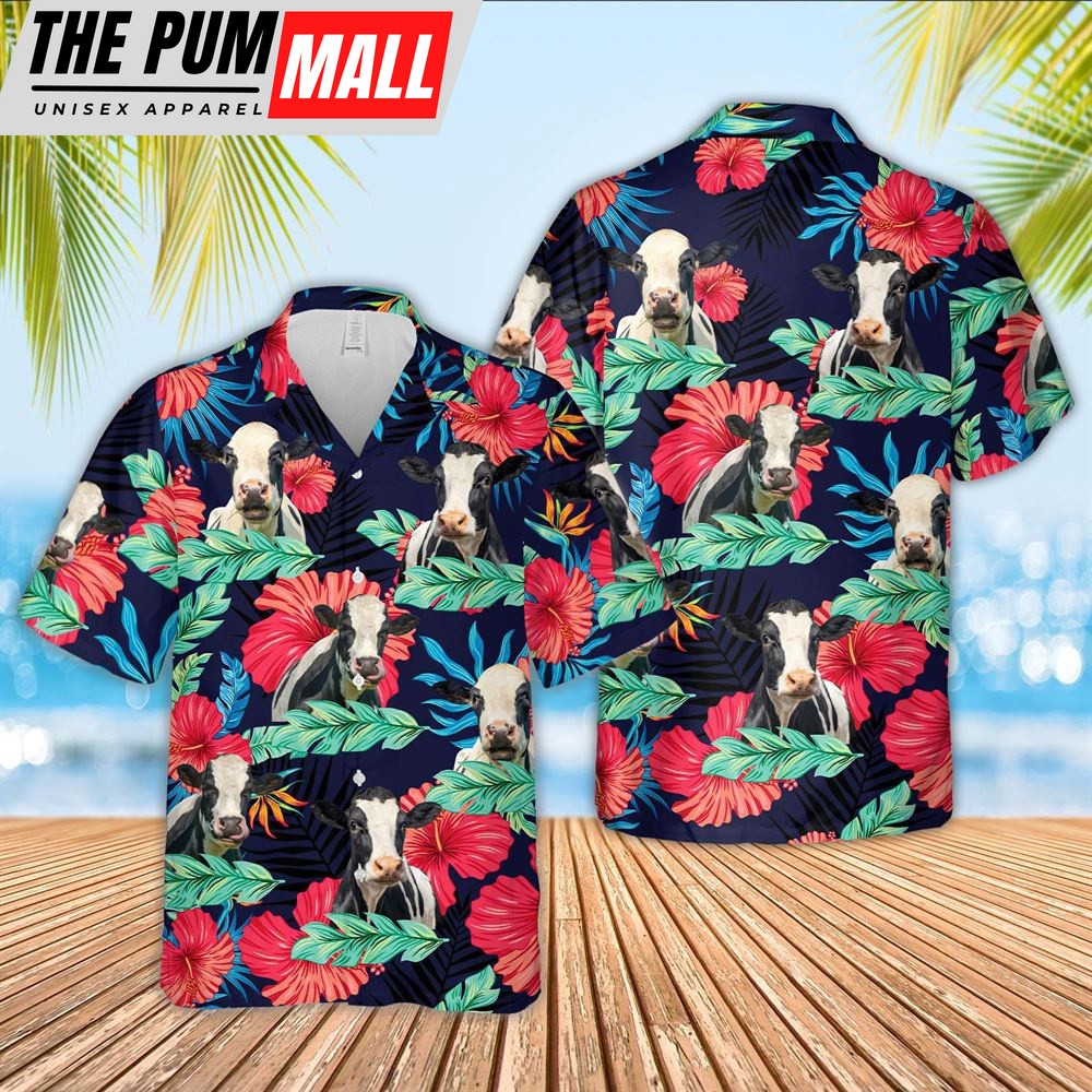 Farm Hawaiian Shirt, Holstein Face Tropical Pattern 3D Hawaiian Shirt, Animal Hawaiian Shirt