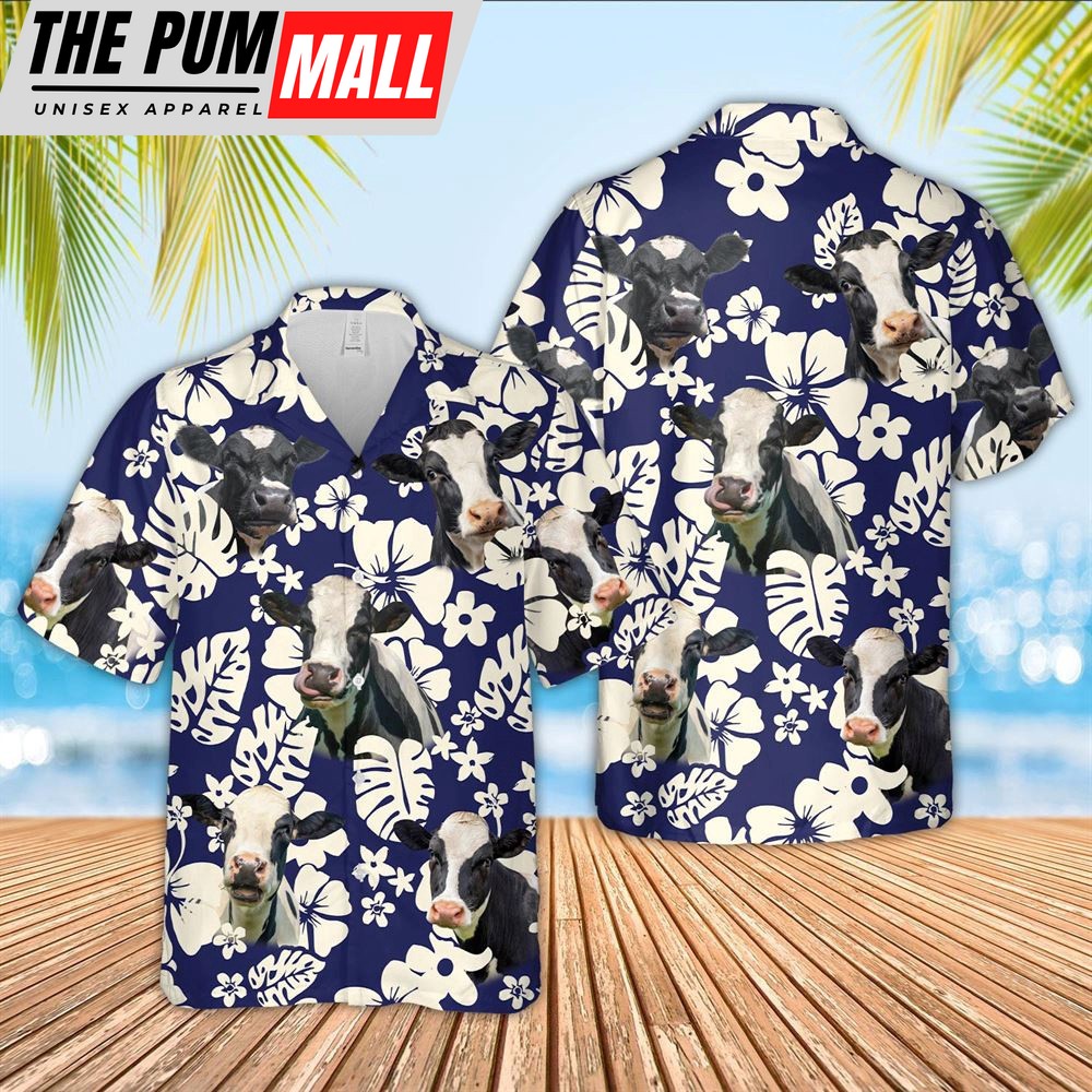 Farm Hawaiian Shirt, Holstein Flower Blue Pattern 3D Hawaiian Shirt, Animal Hawaiian Shirt
