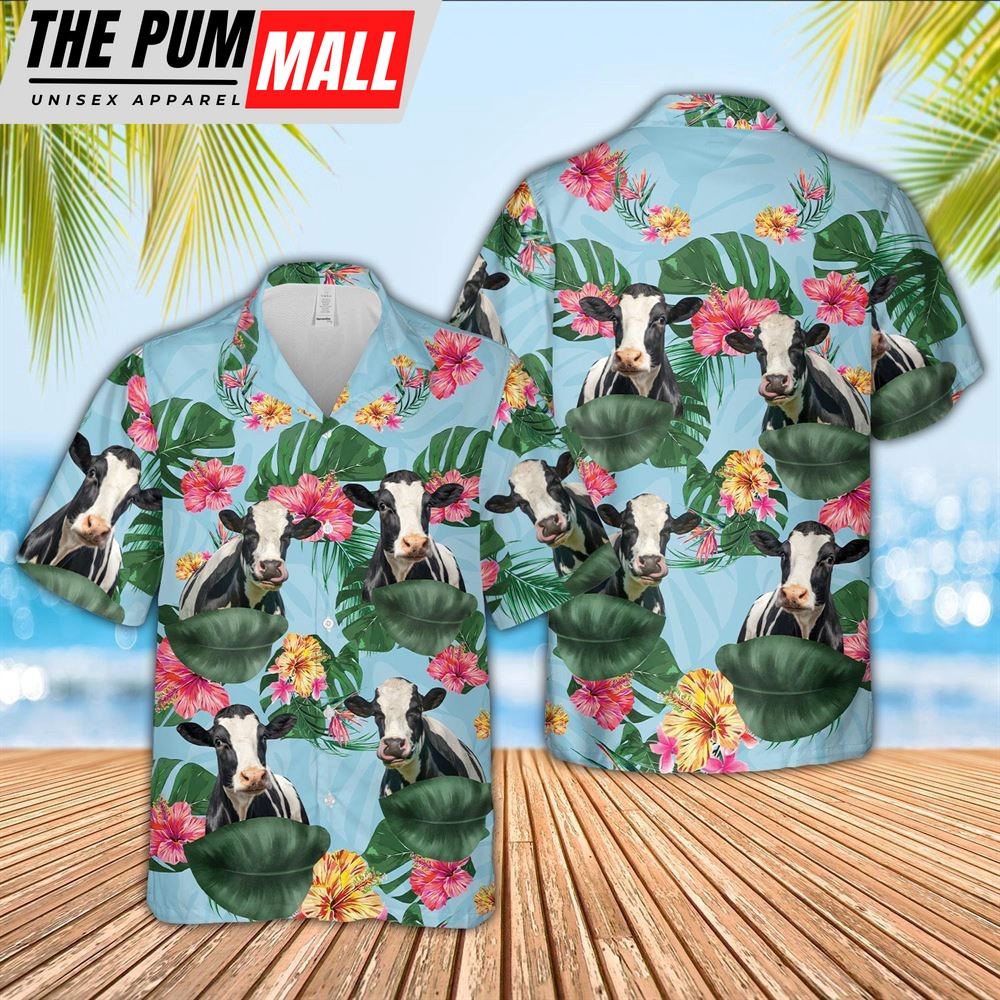 Farm Hawaiian Shirt, Holstein Flower Pattern 3D Hawaiian Shirt, Animal Hawaiian Shirt