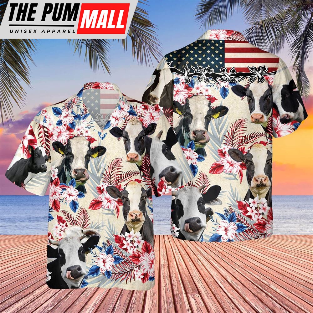 Farm Hawaiian Shirt, Holstein Friesian Cattle American Flag Hawaiian Flowers All Over Printed 3D Hawaiian Shirt, Animal Hawaiian Shirt