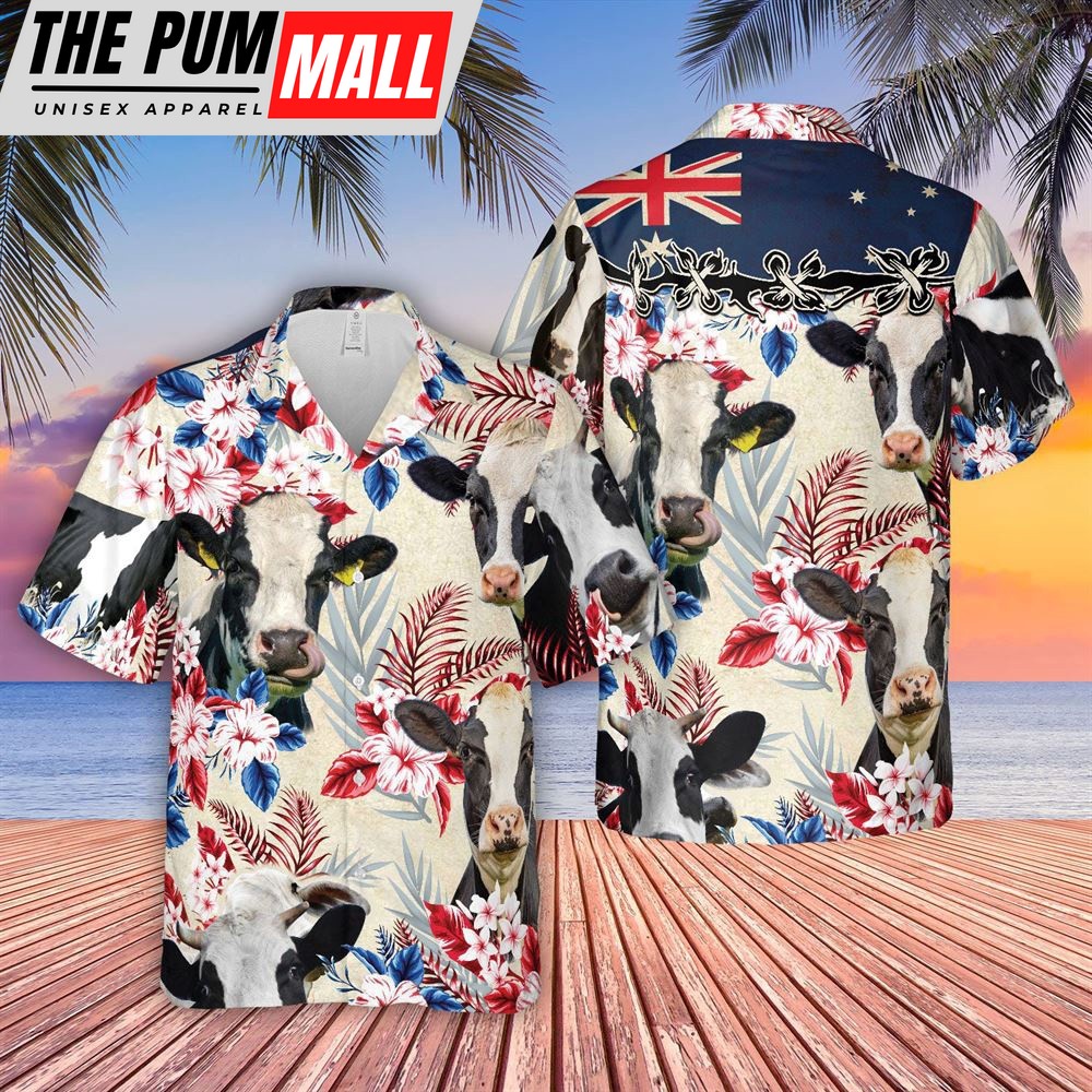 Farm Hawaiian Shirt, Holstein Friesian Cattle Australia Flag Hawaiian Flowers Hawaiian Shirt, Animal Hawaiian Shirt