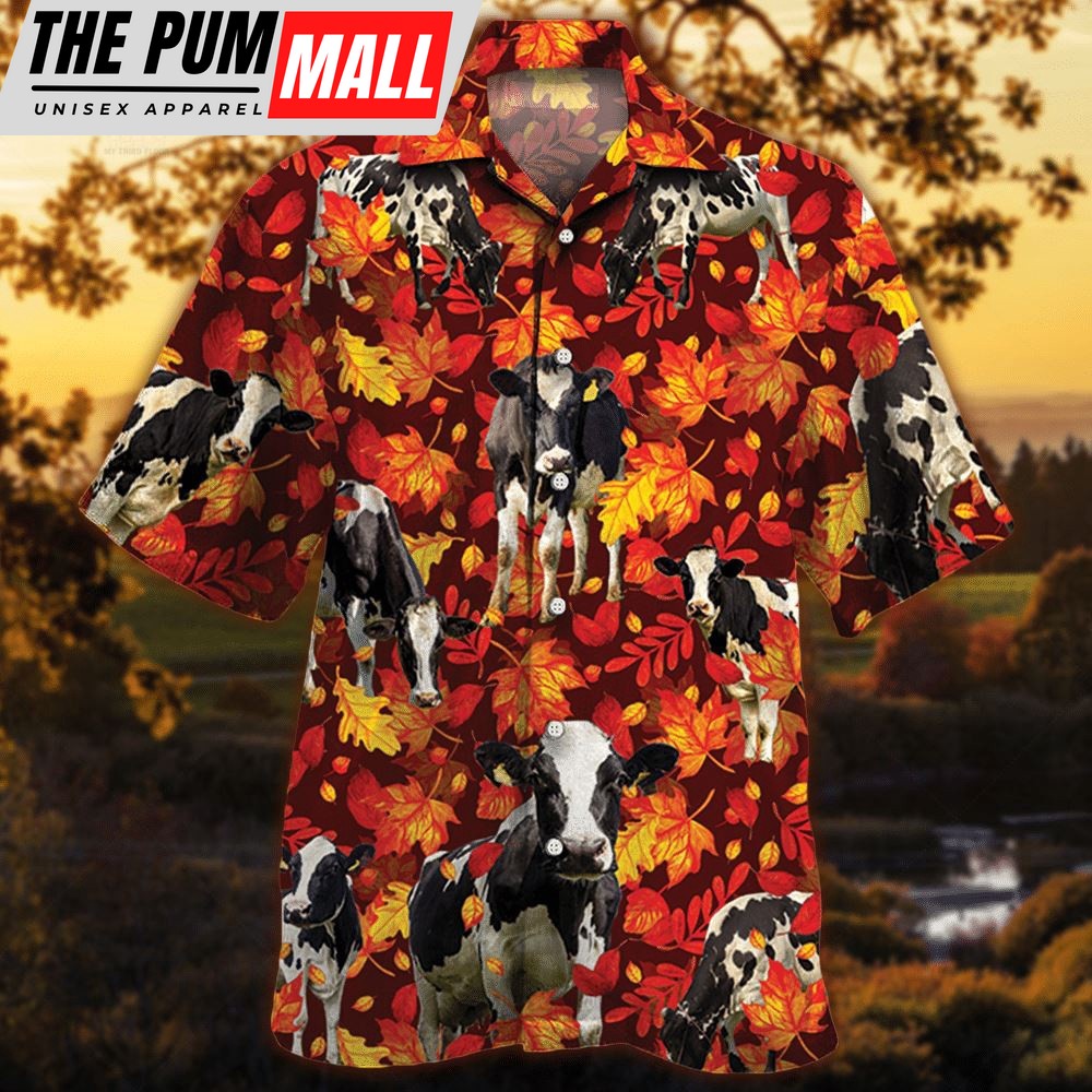 Farm Hawaiian Shirt, Holstein Friesian Cattle Autumn Leaves All Over Printed 3D Hawaiian Shirt, Animal Hawaiian Shirt