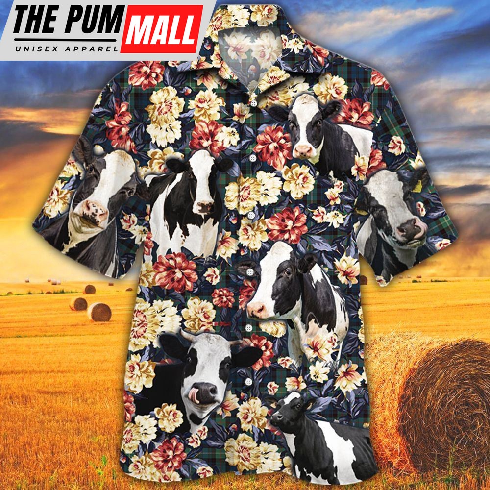 Farm Hawaiian Shirt, Holstein Friesian Cattle Green Plaid Pattern All Over Printed 3D Hawaiian Shirt, Animal Hawaiian Shirt