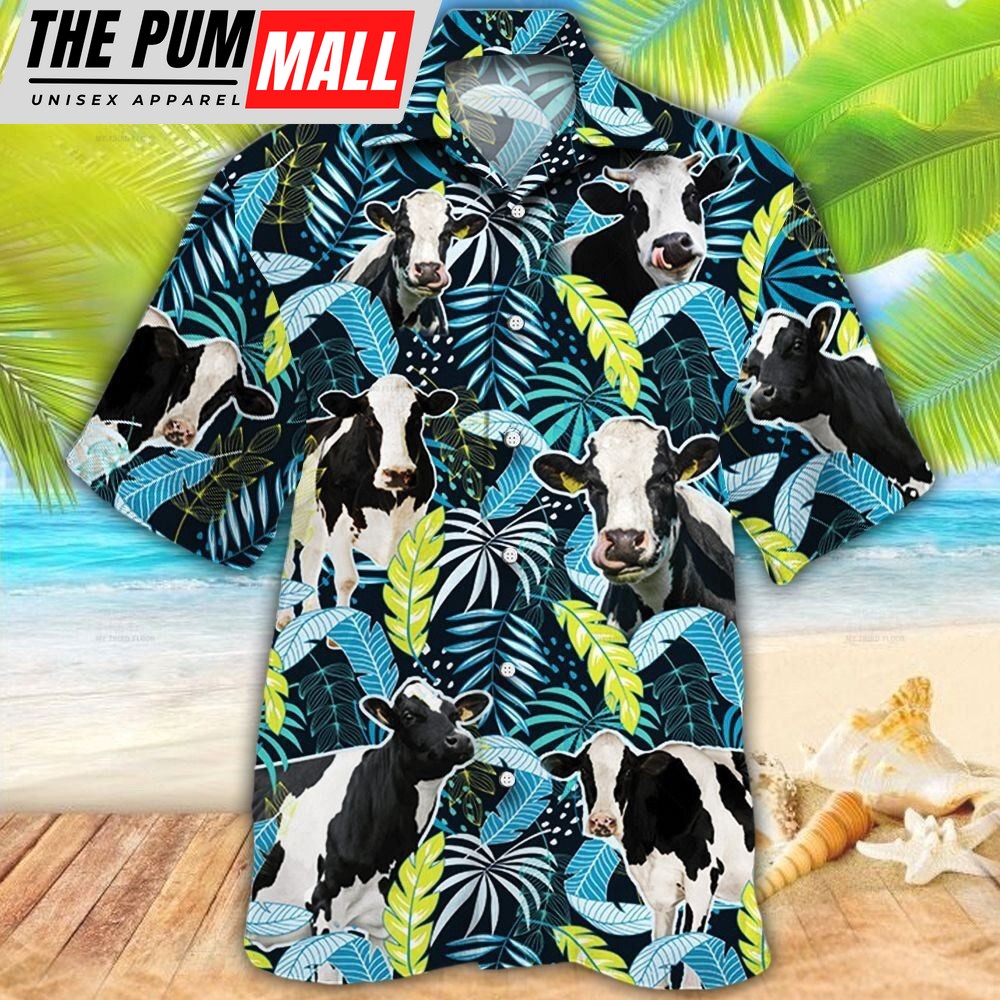 Farm Hawaiian Shirt, Holstein Friesian Cattle Jungle Leaves All Over Printed 3D Hawaiian Shirt, Animal Hawaiian Shirt