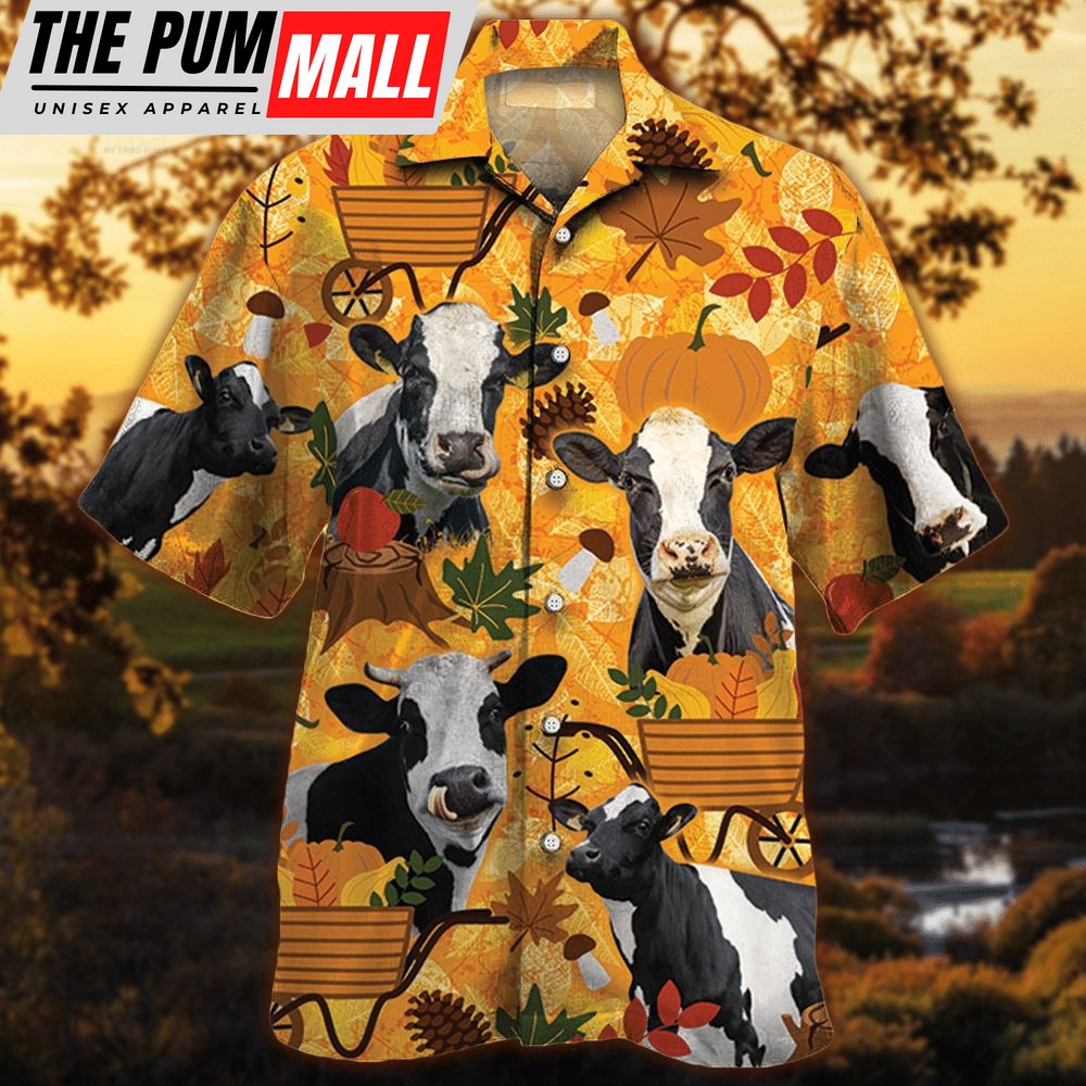 Farm Hawaiian Shirt, Holstein Friesian Cattle Nature Autumn Pumpkin All Over Printed 3D Hawaiian Shirt, Animal Hawaiian Shirt