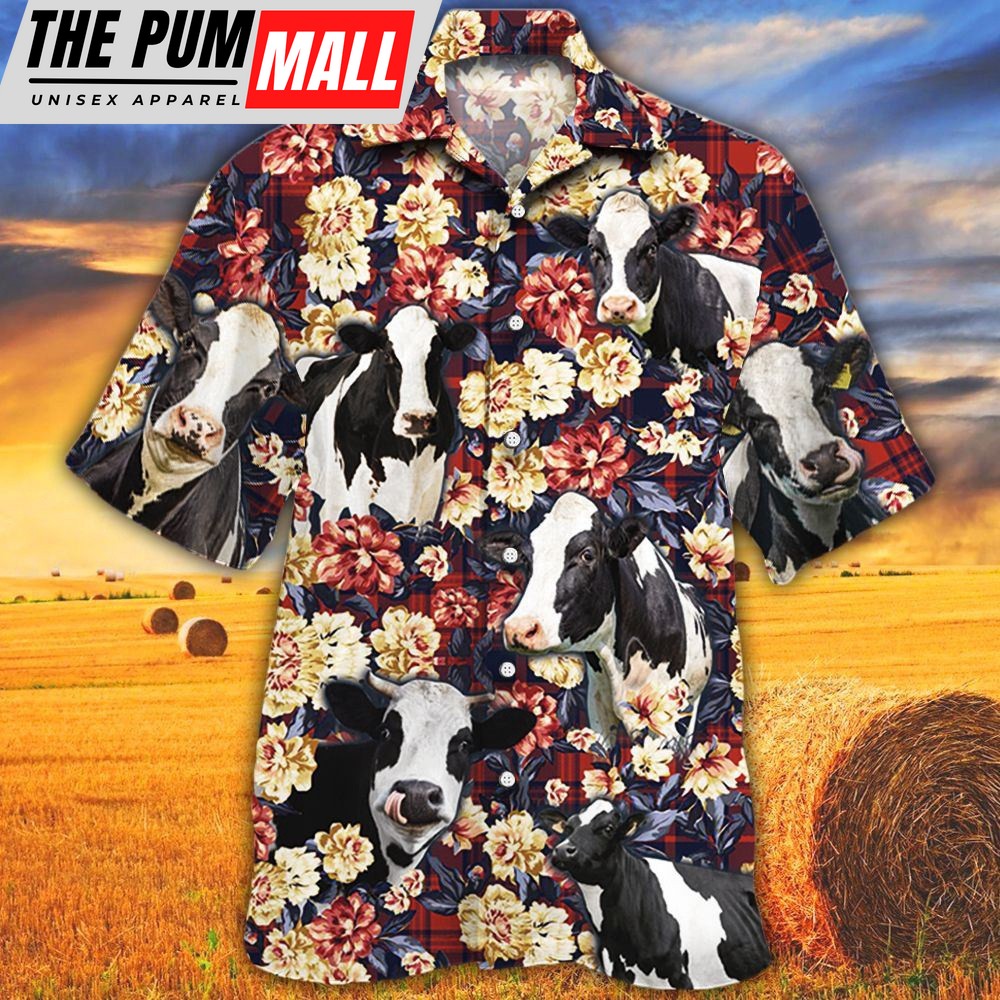 Farm Hawaiian Shirt, Holstein Friesian Cattle Red Plaid Pattern All Over Printed 3D Hawaiian Shirt, Animal Hawaiian Shirt