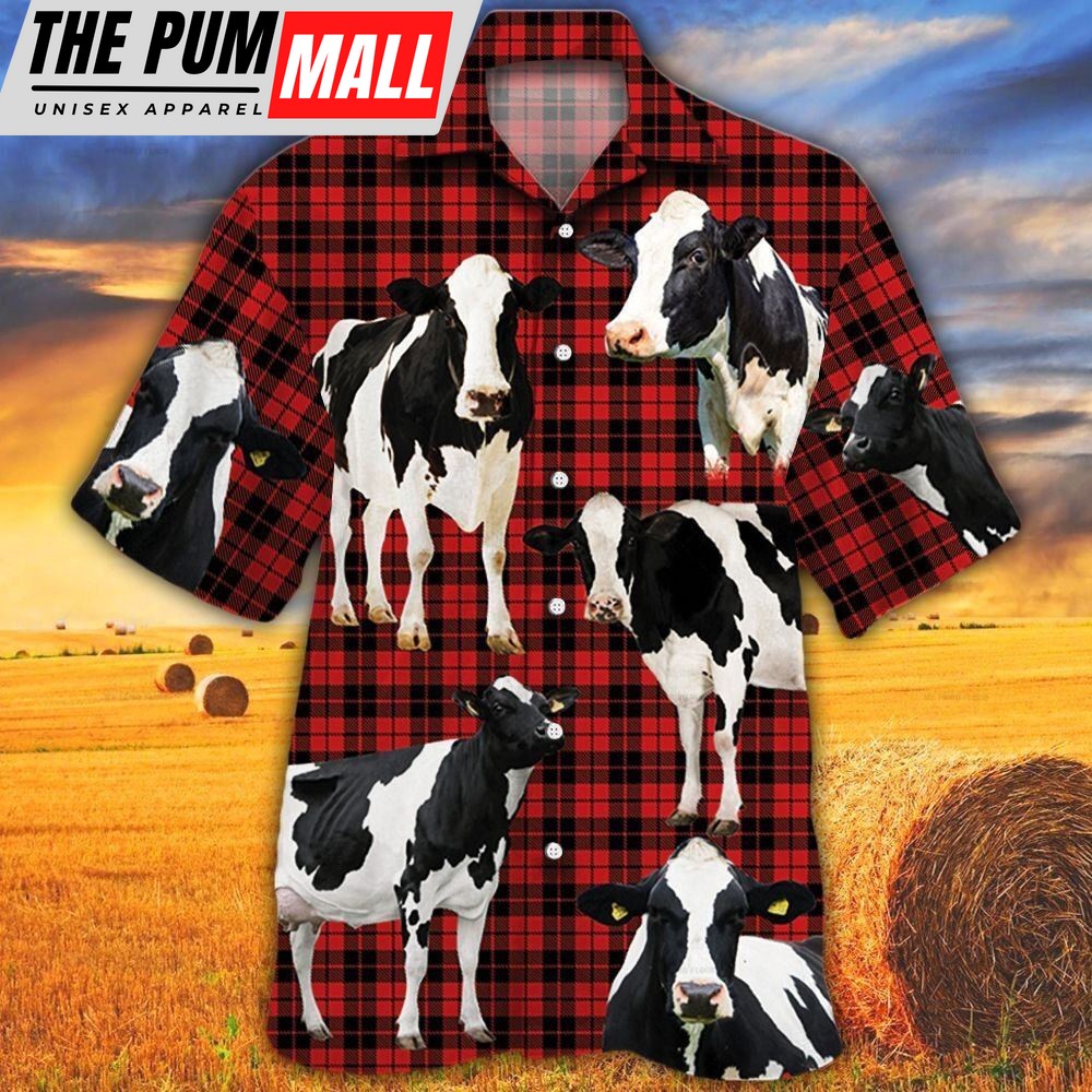 Farm Hawaiian Shirt, Holstein Friesian Cattle Red Tartan Pattern All Over Printed 3D Hawaiian Shirt, Animal Hawaiian Shirt