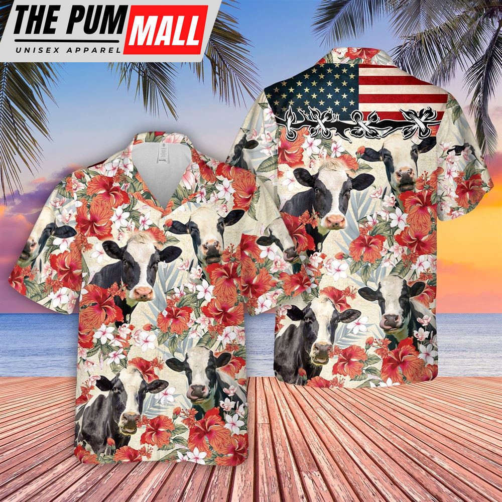 Farm Hawaiian Shirt, Holstein Hibicus Floral Us Flag 3D Hawaiian Shirt, Animal Hawaiian Shirt