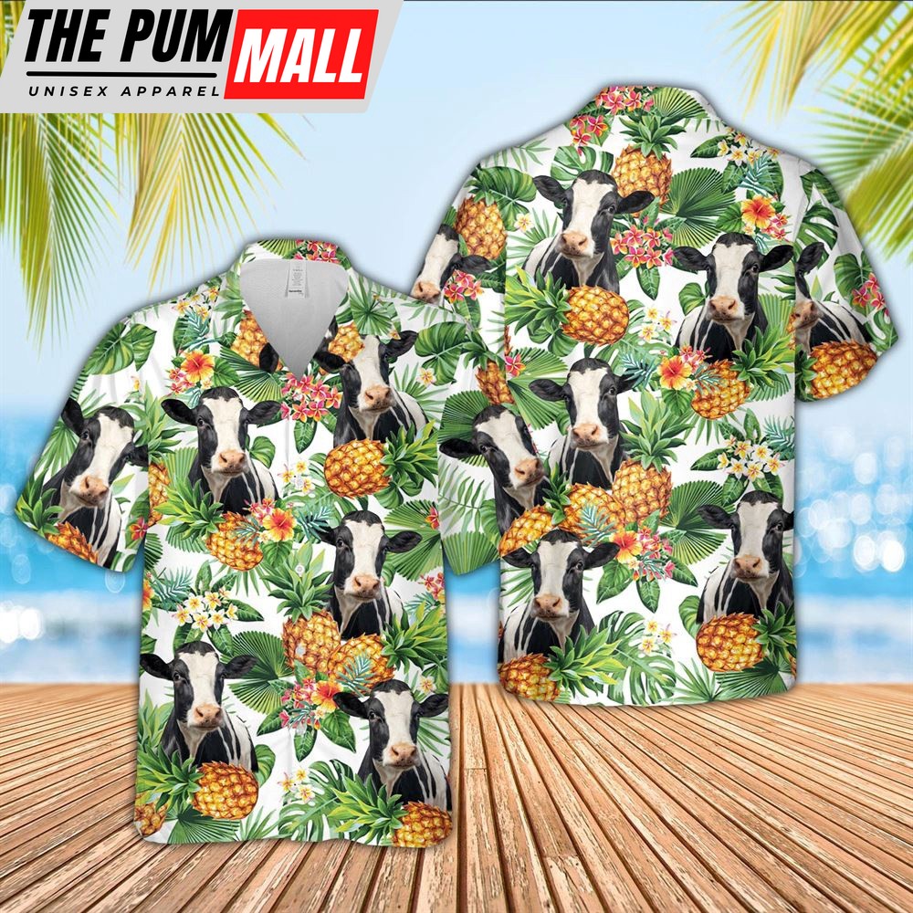 Farm Hawaiian Shirt, Holstein Pineapple Pattern 3D Hawaiian Shirt, Animal Hawaiian Shirt