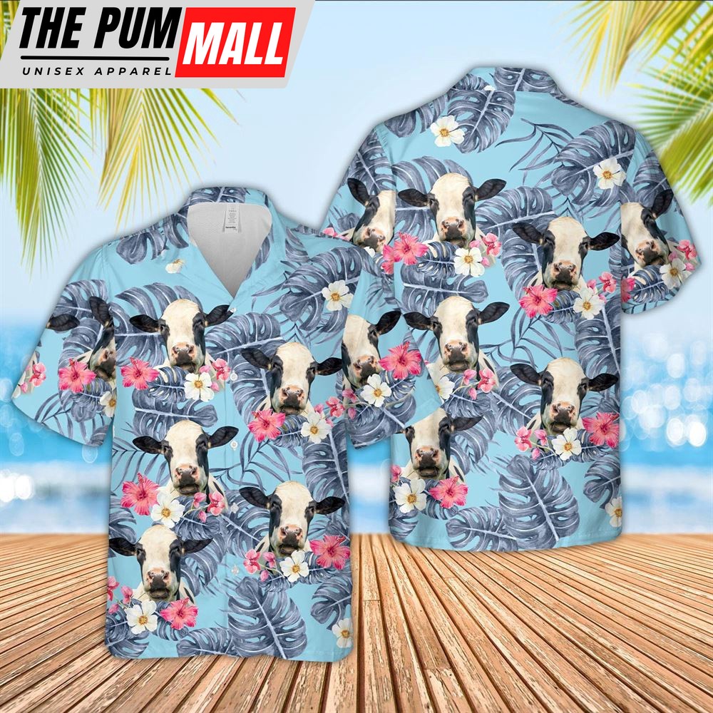 Farm Hawaiian Shirt, Holstein Sierra Blue Pattern 3D Hawaiian Shirt, Animal Hawaiian Shirt