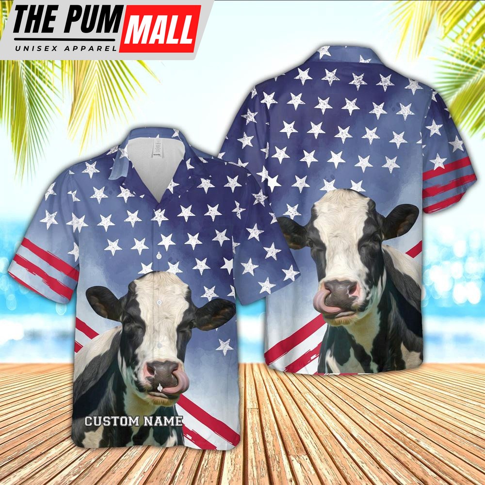 Farm Hawaiian Shirt, Holstein Star Pattern Customized Name 3D Hawaiian Shirt, Animal Hawaiian Shirt