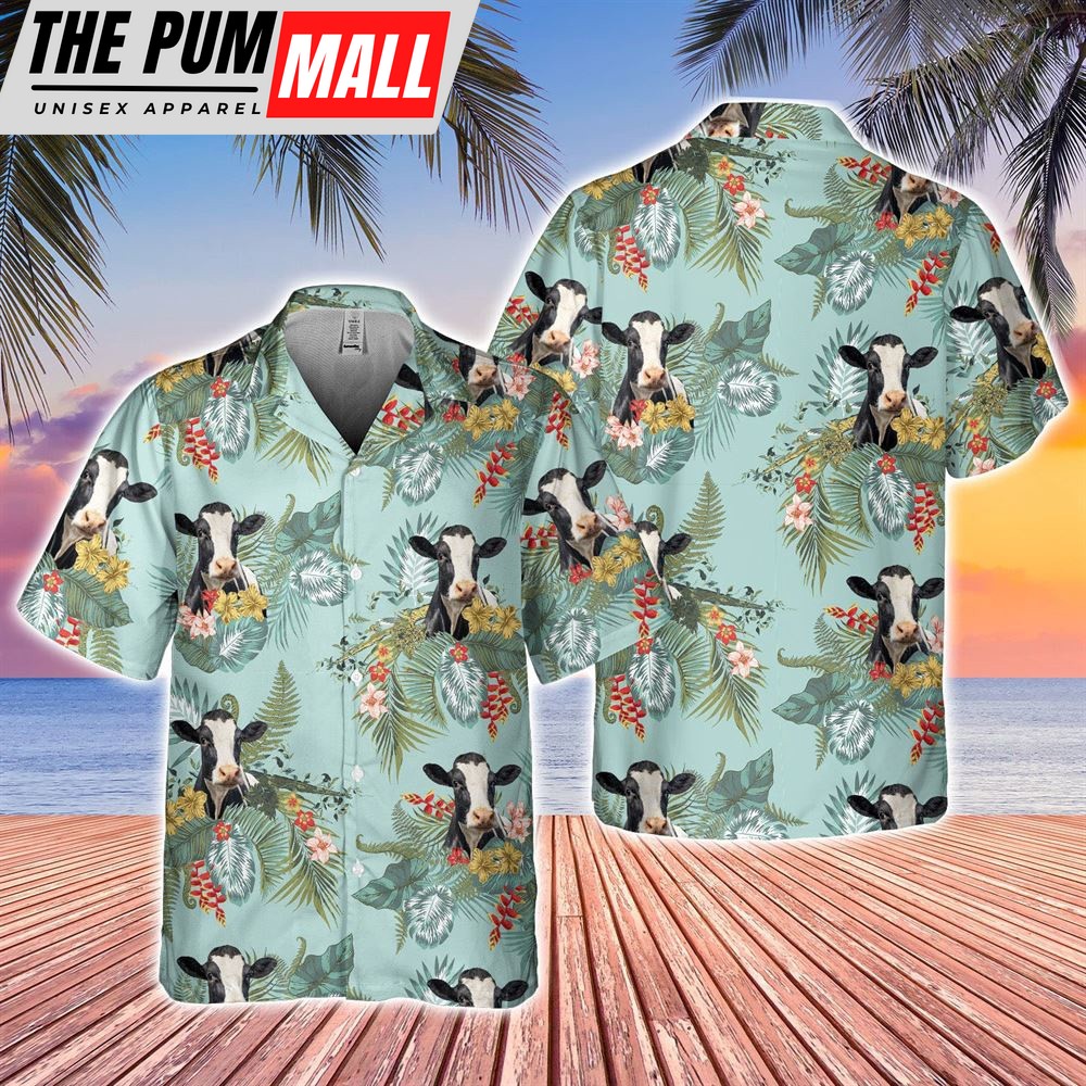 Farm Hawaiian Shirt, Holstein Tropical Flowers Pattern Hawaiian Shirt, Animal Hawaiian Shirt