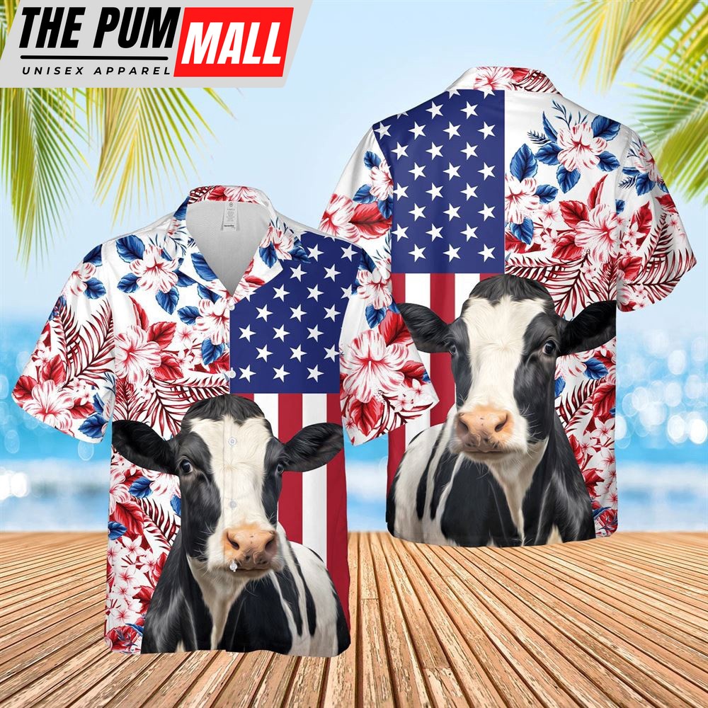 Farm Hawaiian Shirt, Holstein Us Flag Flower 3D Hawaiian Shirt, Animal Hawaiian Shirt