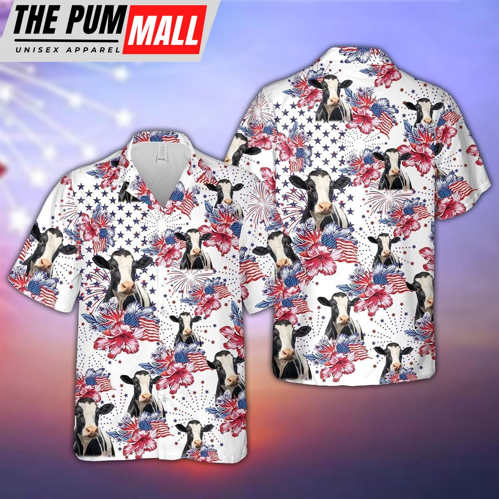 Farm Hawaiian Shirt, Holstein Us Flag Flower Pattern 3D Hawaiian Shirt, Summer Gift, Animal Hawaiian Shirt