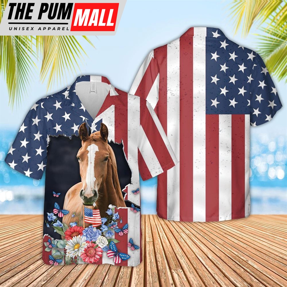 Farm Hawaiian Shirt, Horse 4Th Of July 3D Hawaiian Shirt, Animal Hawaiian Shirt