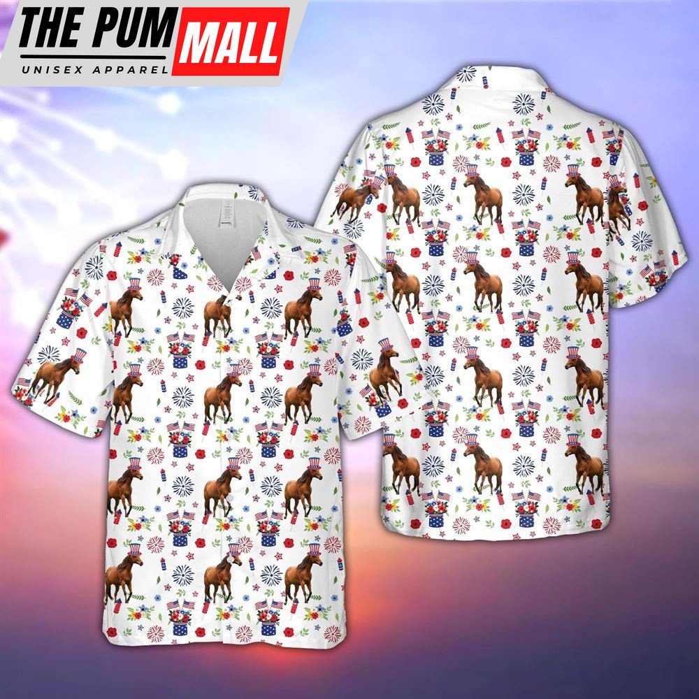 Farm Hawaiian Shirt, Horse American Flag And Firework Pattern Hawaiian Shirt, Summer Gift, Animal Hawaiian Shirt