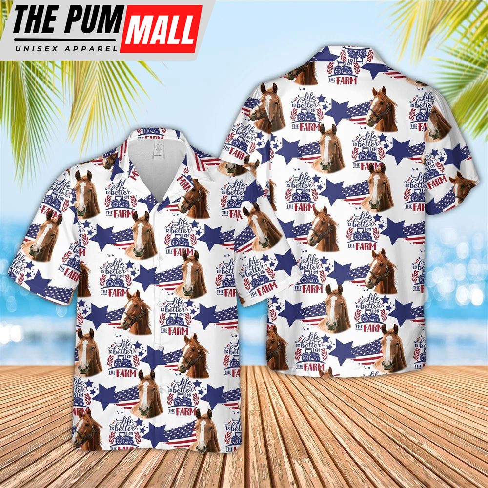 Farm Hawaiian Shirt, Horse American Flag Pattern Hawaiian Shirt, Animal Hawaiian Shirt