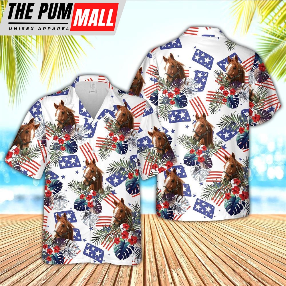 Farm Hawaiian Shirt, Horse American Little Flowers And Flag Pattern Hawaiian Shirt, Animal Hawaiian Shirt