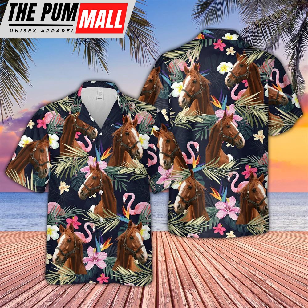 Farm Hawaiian Shirt, Horse And Flamingo Flower Pattern 3D Hawaiian Shirt, Animal Hawaiian Shirt