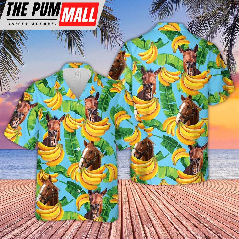Farm Hawaiian Shirt, Horse Banana Pattern 3D Hawaiian Shirt, Animal Hawaiian Shirt
