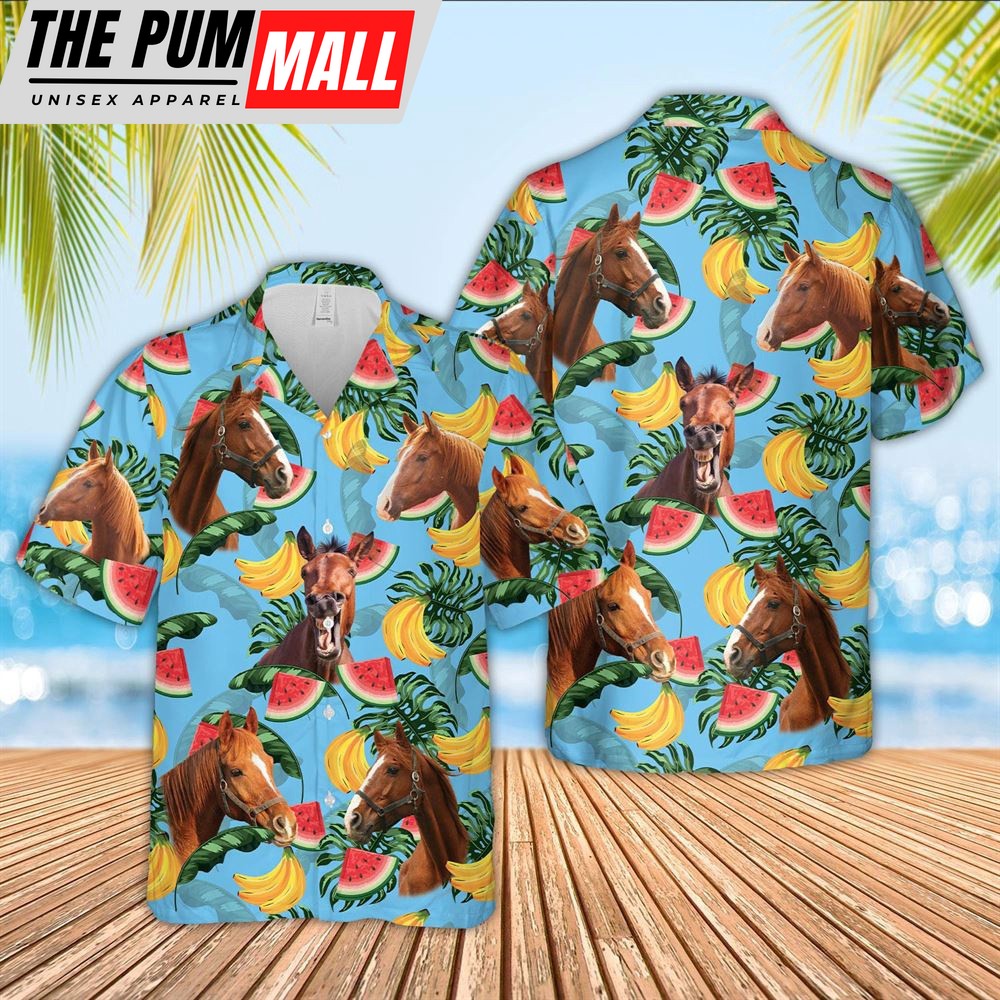 Farm Hawaiian Shirt, Horse Blue Tropical Fruits Pattern Hawaiian Shirt, Animal Hawaiian Shirt