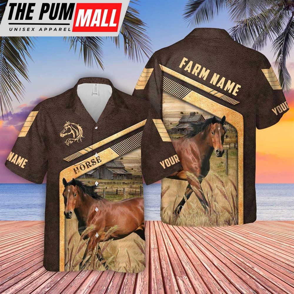 Farm Hawaiian Shirt, Horse Brown Pattern Customized Name 3D Hawaiian Shirt, Animal Hawaiian Shirt