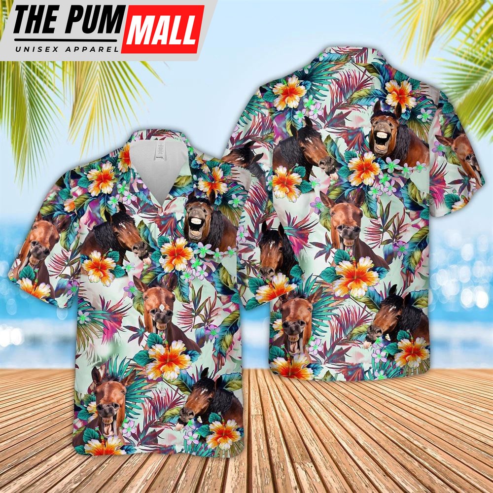 Farm Hawaiian Shirt, Horse Colorful Leaf Pattern Hawaiian Shirt, Animal Hawaiian Shirt