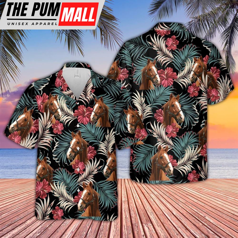 Farm Hawaiian Shirt, Horse Dark Red Flowers Pattern Hawaiian Shirt, Animal Hawaiian Shirt