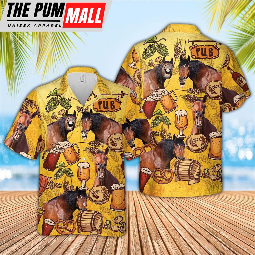 Farm Hawaiian Shirt, Horse Drink Beer Pattern 3D Hawaiian Shirt, Animal Hawaiian Shirt