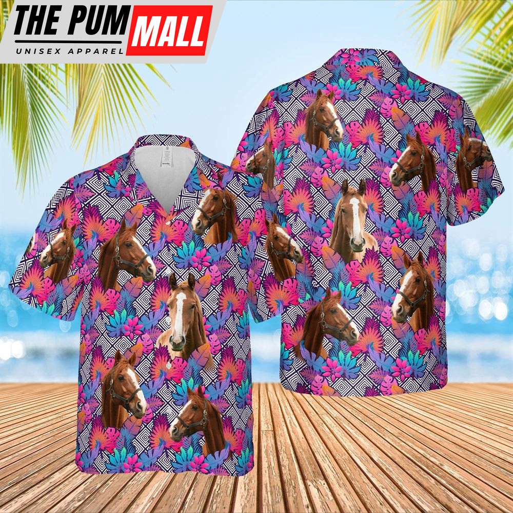 Farm Hawaiian Shirt, Horse Face Leaf Pattern 3D Hawaiian Shirt, Animal Hawaiian Shirt