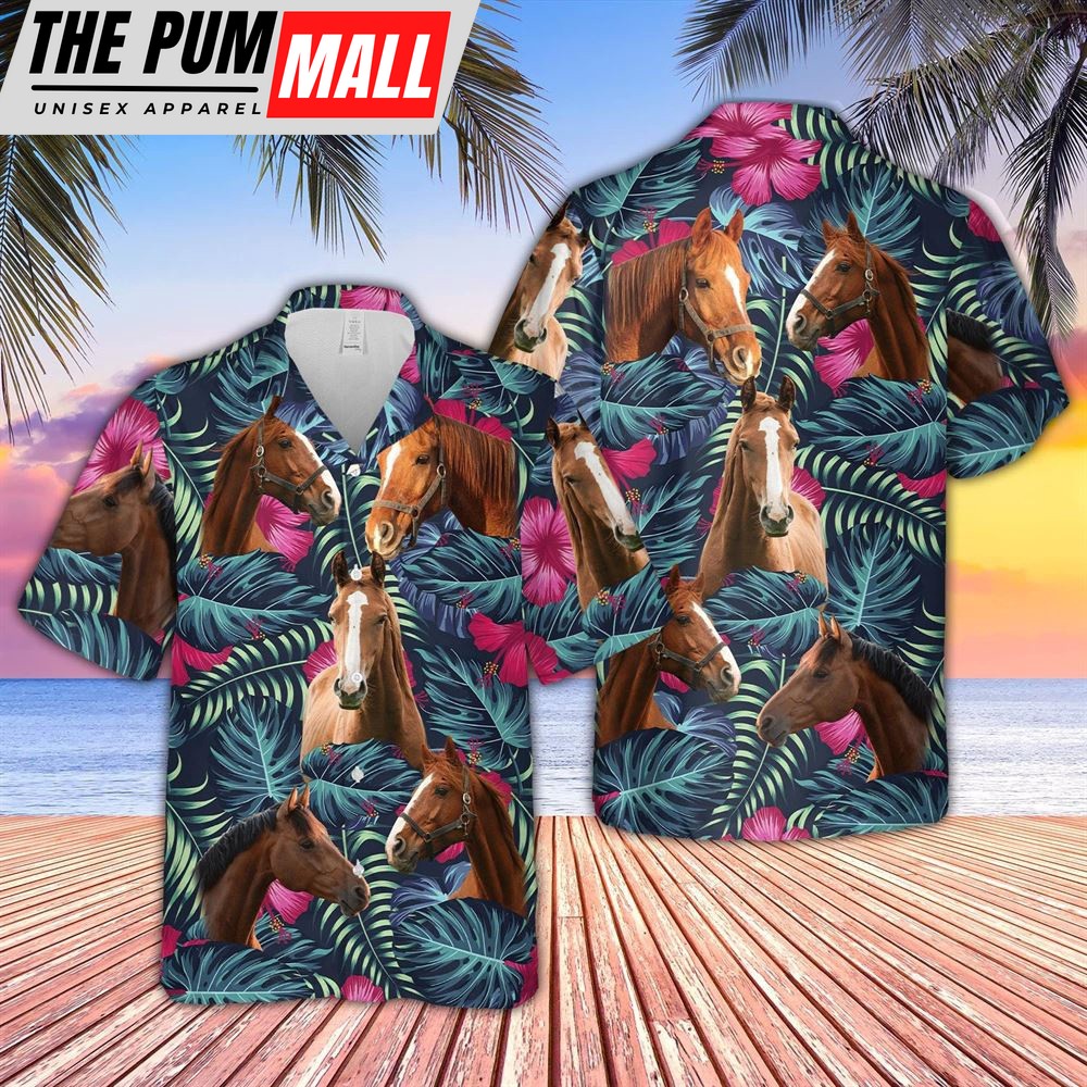 Farm Hawaiian Shirt, Horse Floral Tropical Leaves Pattern Hawaiian Shirt, Animal Hawaiian Shirt