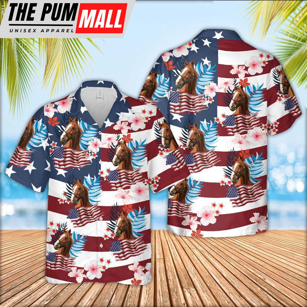 Farm Hawaiian Shirt, Horse Floral U.S Flag Pattern Hawaiian Shirt, Animal Hawaiian Shirt