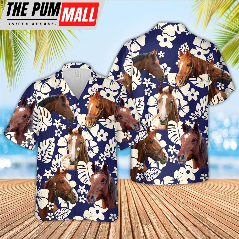 Farm Hawaiian Shirt, Horse Flower Blue Pattern 3D Hawaiian Shirt, Animal Hawaiian Shirt