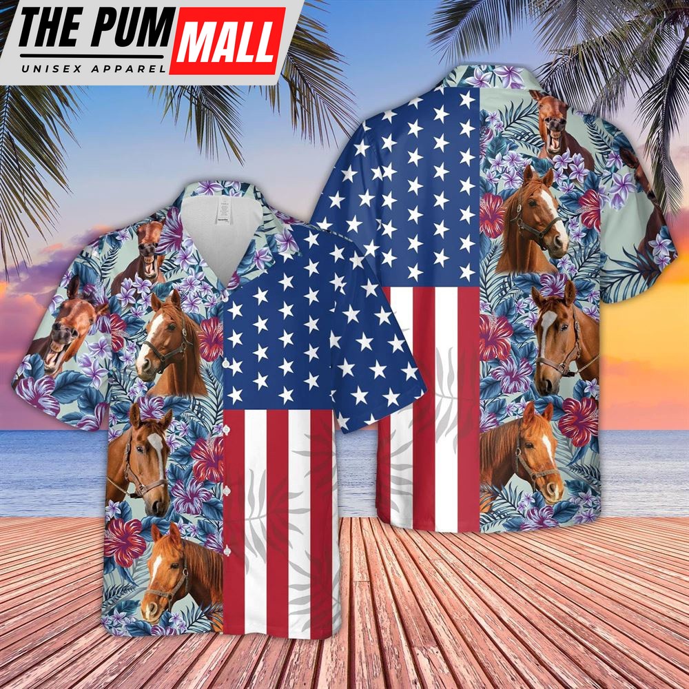 Farm Hawaiian Shirt, Horse Flower Pattern Us Flag 3D Hawaiian Shirt, Animal Hawaiian Shirt