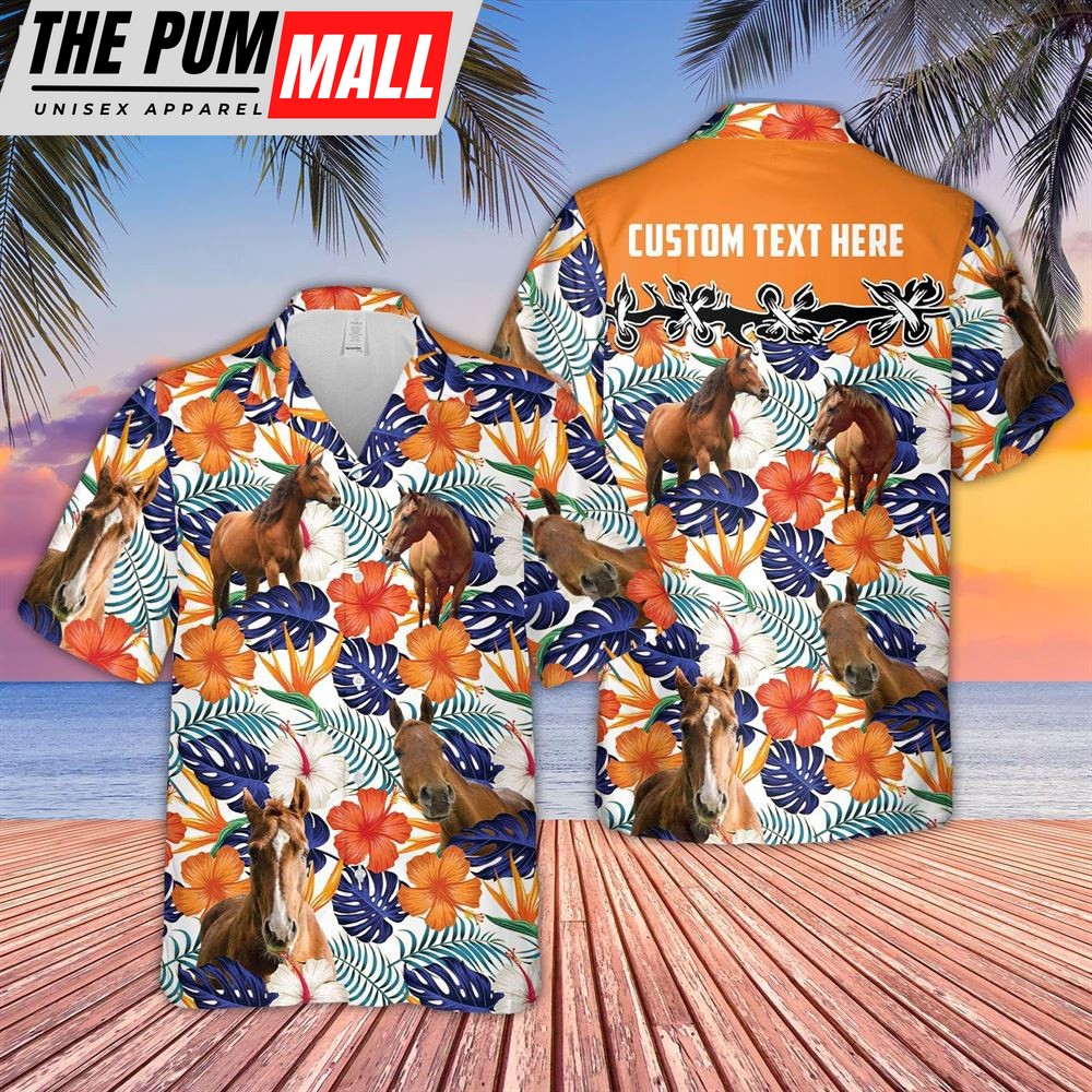 Farm Hawaiian Shirt, Horse Hibiscus Blue Floral Custom Name 3D Hawaiian Shirt, Animal Hawaiian Shirt
