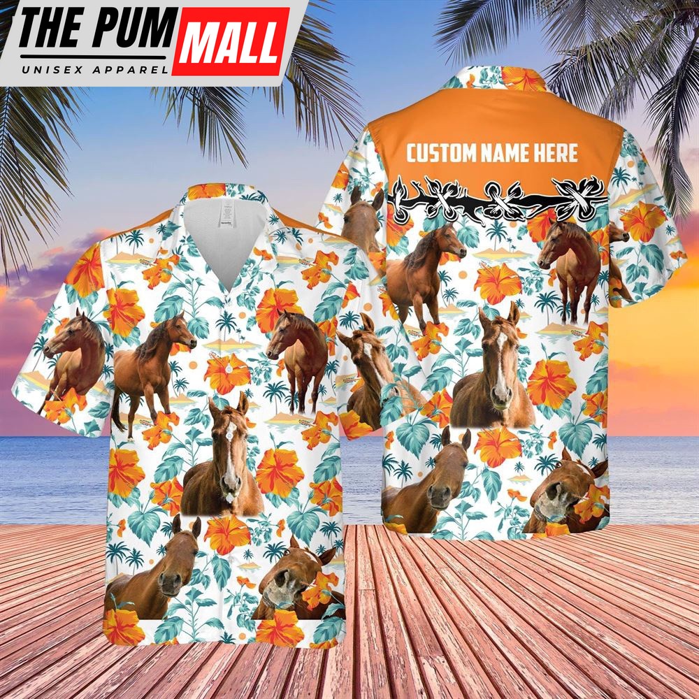 Farm Hawaiian Shirt, Horse Hibiscus Floral Custom Name 3D Hawaiian Shirt, Animal Hawaiian Shirt