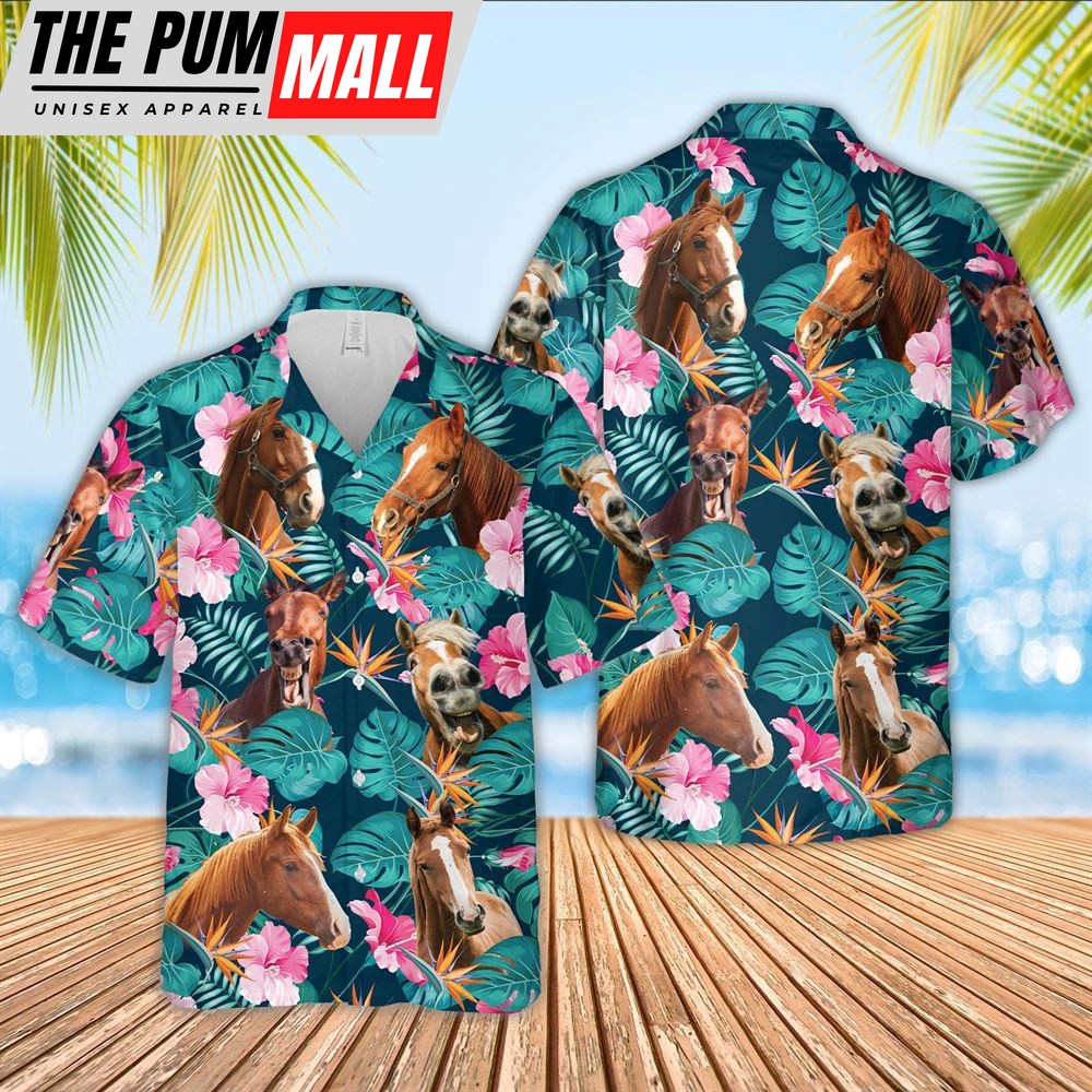 Farm Hawaiian Shirt, Horse Palm Leaves Pattern Hawaiian Shirt, Animal Hawaiian Shirt