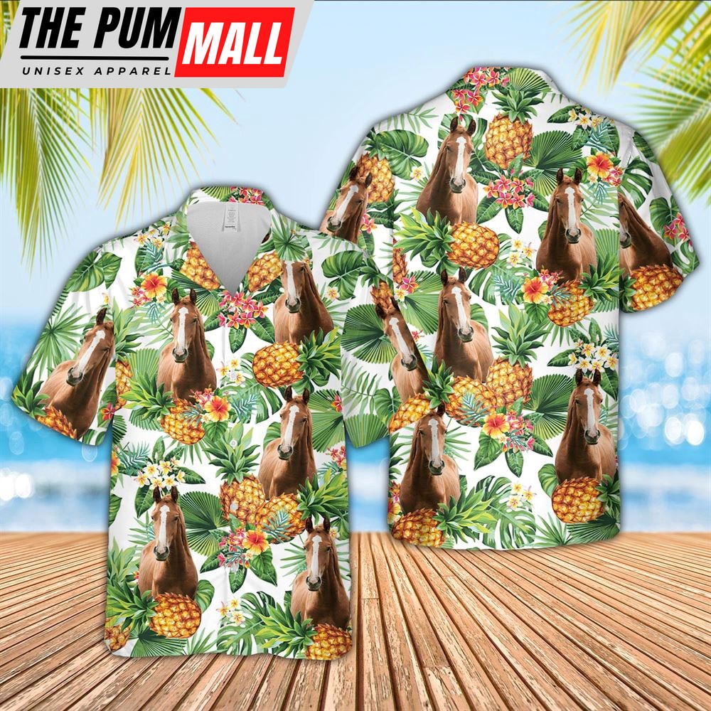 Farm Hawaiian Shirt, Horse Pineapple Pattern 3D Hawaiian Shirt, Animal Hawaiian Shirt