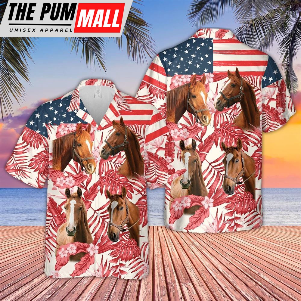 Farm Hawaiian Shirt, Horse Red Floral Us Flag 3D Hawaiian Shirt, Animal Hawaiian Shirt