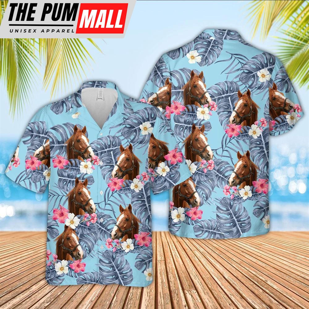 Farm Hawaiian Shirt, Horse Sierra Blue Pattern 3D Hawaiian Shirt, Animal Hawaiian Shirt
