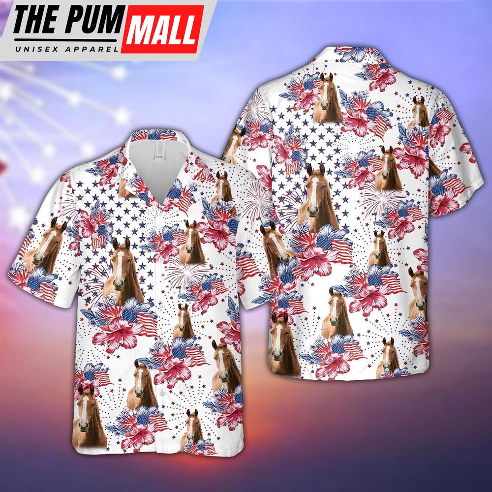 Farm Hawaiian Shirt, Horse Us Flag Flower Pattern 3D Hawaiian Shirt, Summer Gift, Animal Hawaiian Shirt