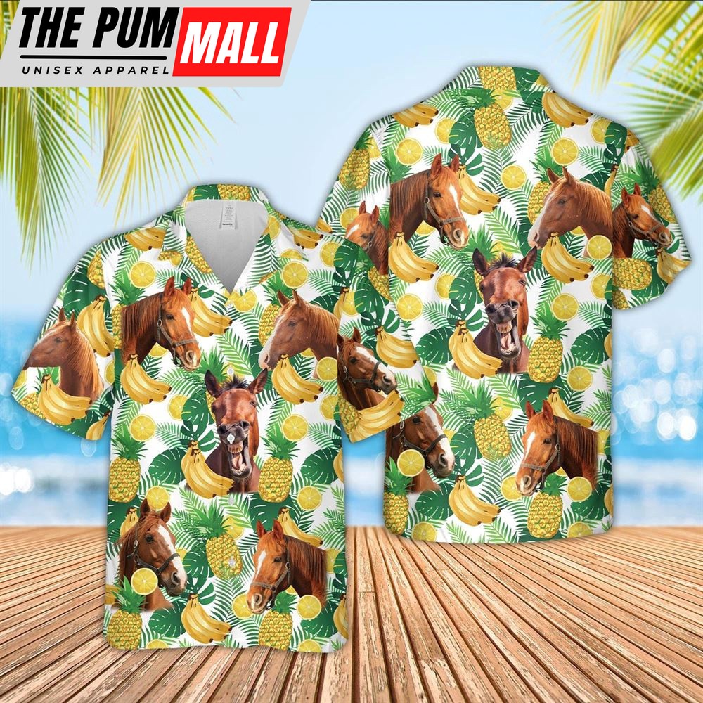 Farm Hawaiian Shirt, Horse White Tropical Fruits Pattern Hawaiian Shirt, Animal Hawaiian Shirt