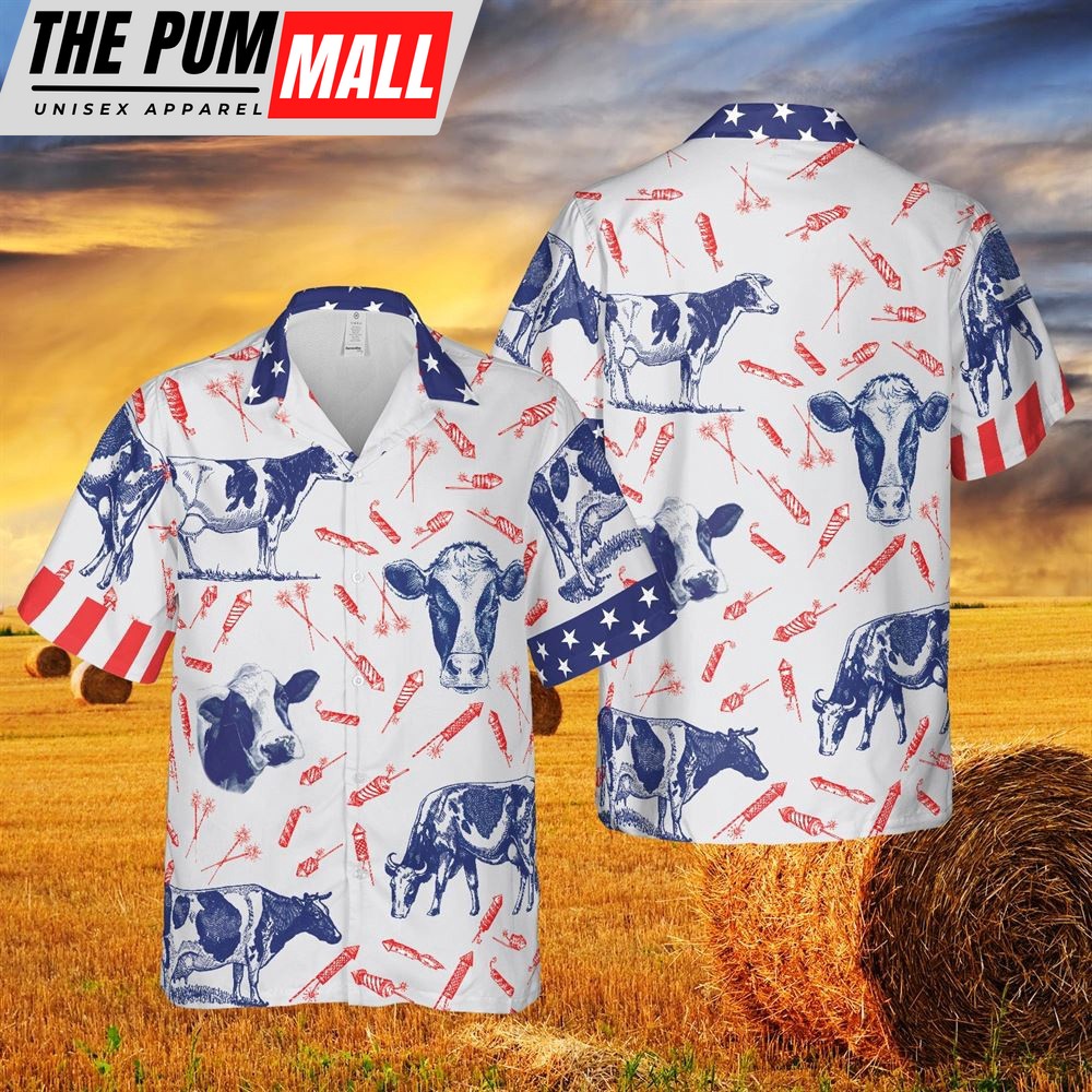 Farm Hawaiian Shirt, Independence Day Fire Cracker Holstein Friesian Cattle Pattern All Printed 3D Hawaiian Shirt, Animal Hawaiian Shirt