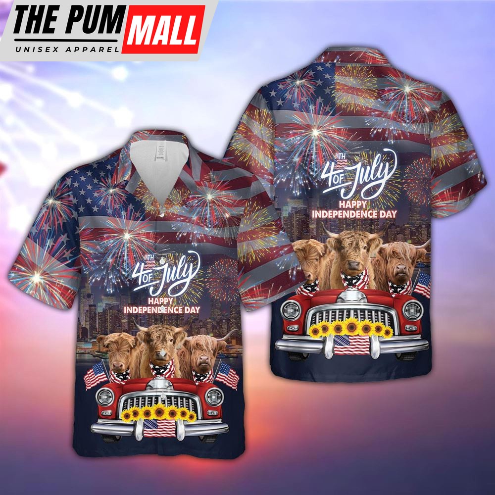 Farm Hawaiian Shirt, Independence Day Highland Cattle 3D Hawaiian Shirt, Summer Gift, Animal Hawaiian Shirt