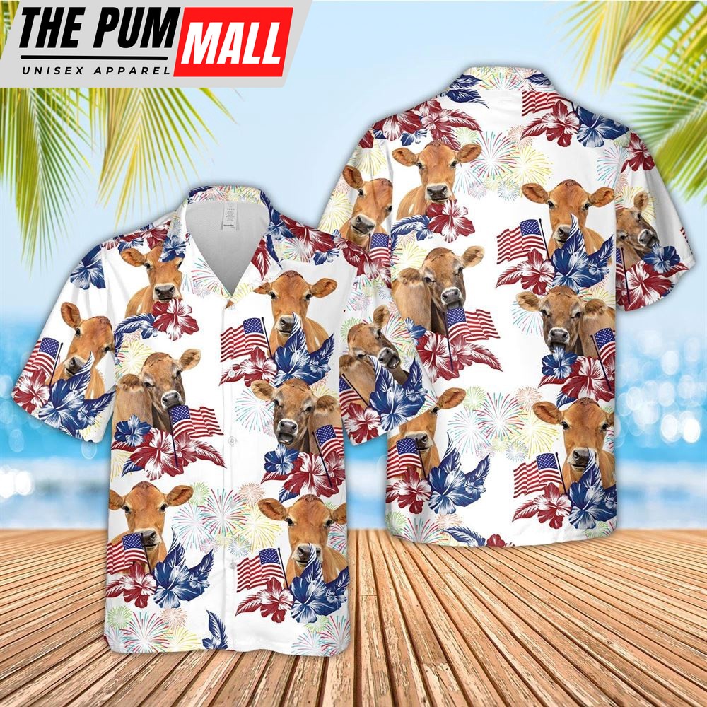 Farm Hawaiian Shirt, Jersey American Flowers And Flag Pattern Hawaiian Shirt, Animal Hawaiian Shirt