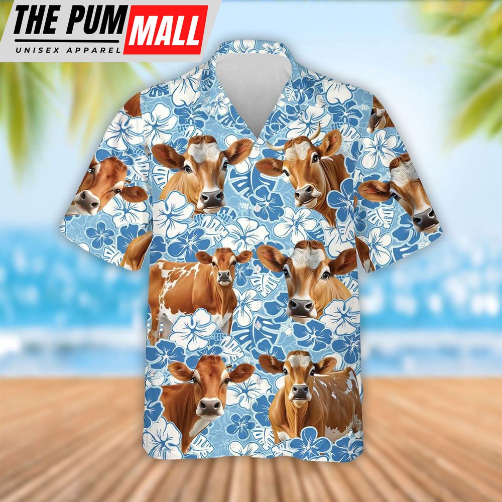 Farm Hawaiian Shirt, Jersey Cattle Blue Flower Pattern 3D Hawaiian Shirt, Summer Gift, Animal Hawaiian Shirt