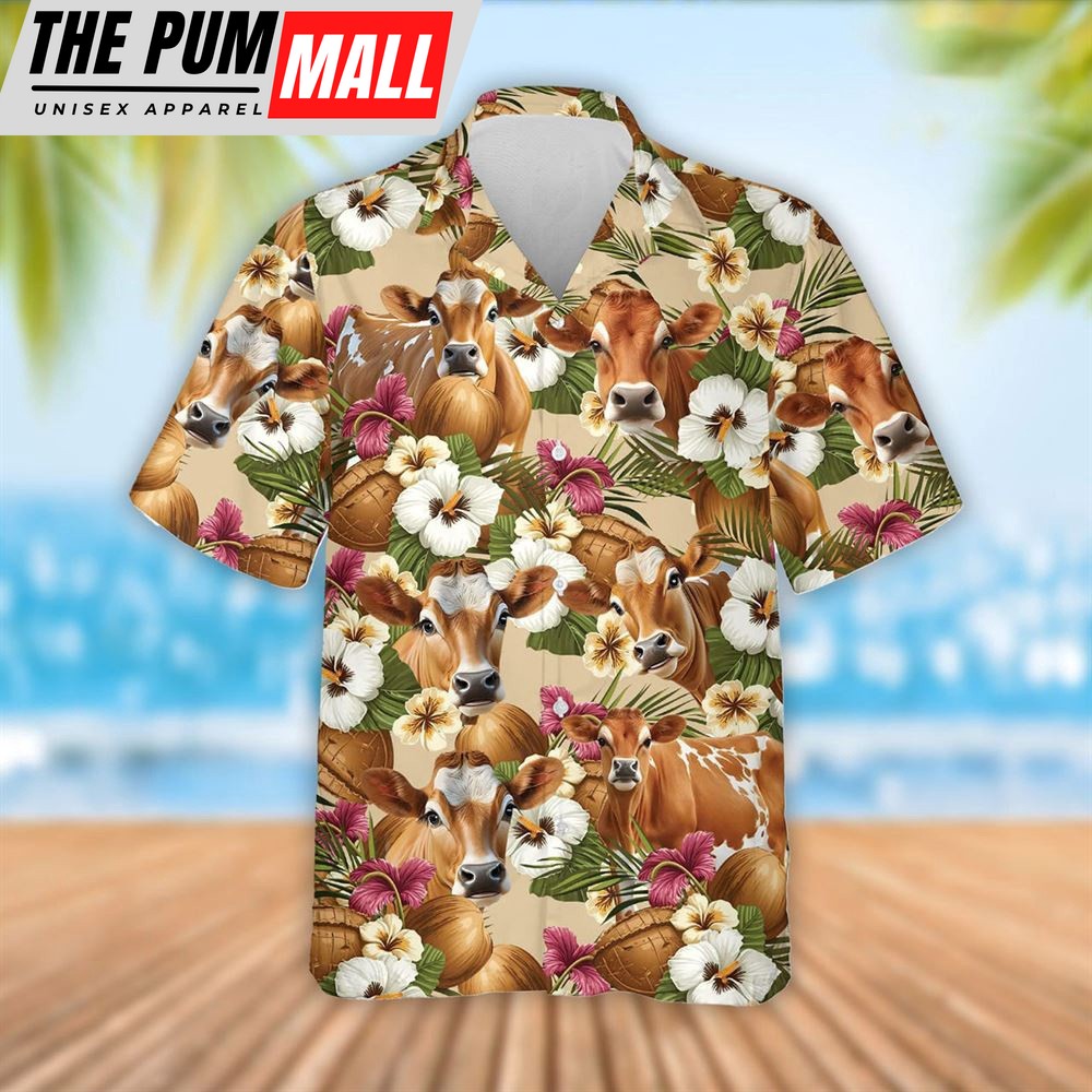 Farm Hawaiian Shirt, Jersey Cattle Coconut Tropical Flowers Hawaiian Shirt, Summer Gift, Animal Hawaiian Shirt