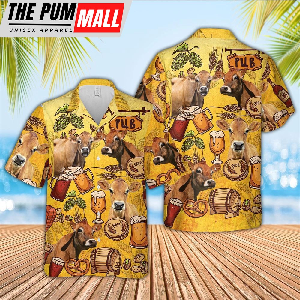 Farm Hawaiian Shirt, Jersey Cattle Drink Beer Pattern 3D Hawaiian Shirt, Animal Hawaiian Shirt