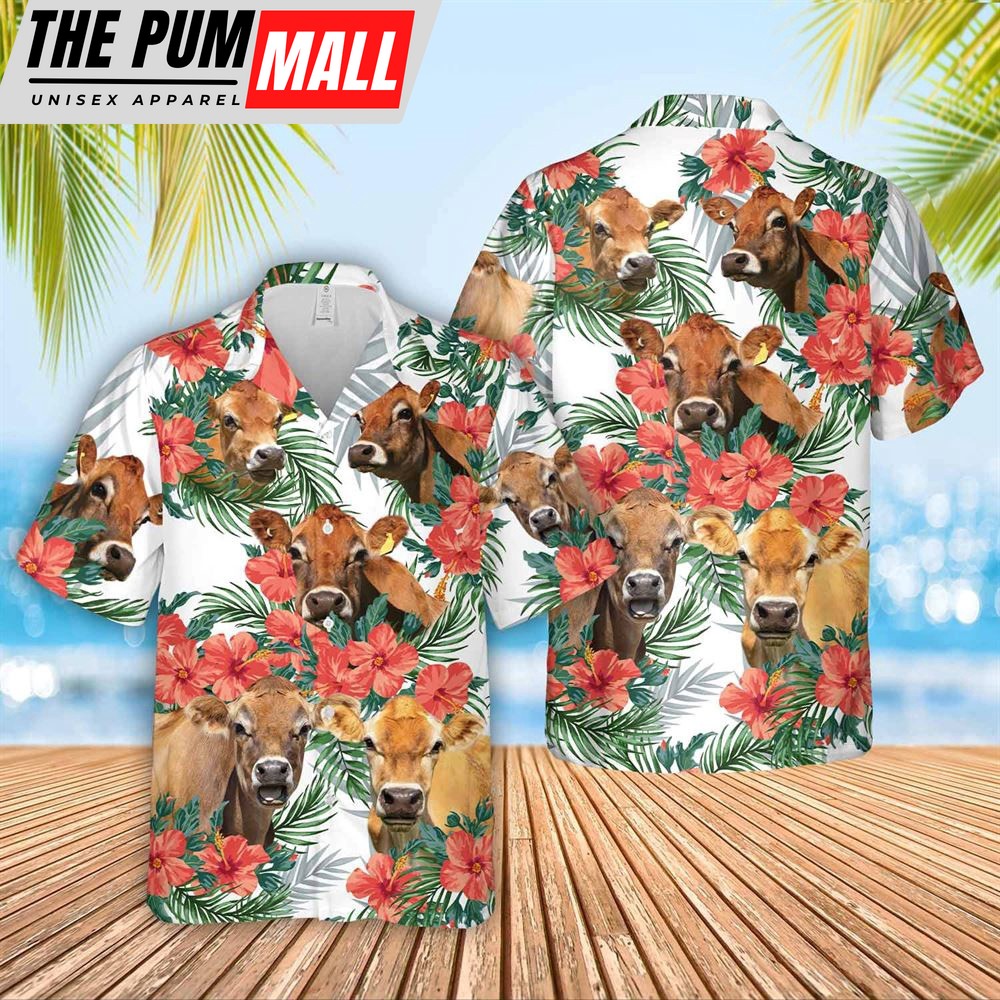 Farm Hawaiian Shirt, Jersey Cattle Hibucis Flower Pattern 3D Hawaiian Shirt, Animal Hawaiian Shirt